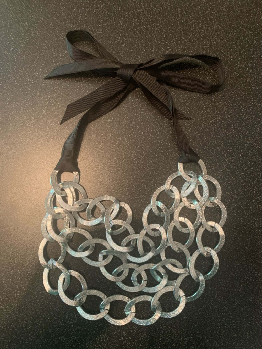 Chunky Silver Statement Necklace with Black Ribbon
